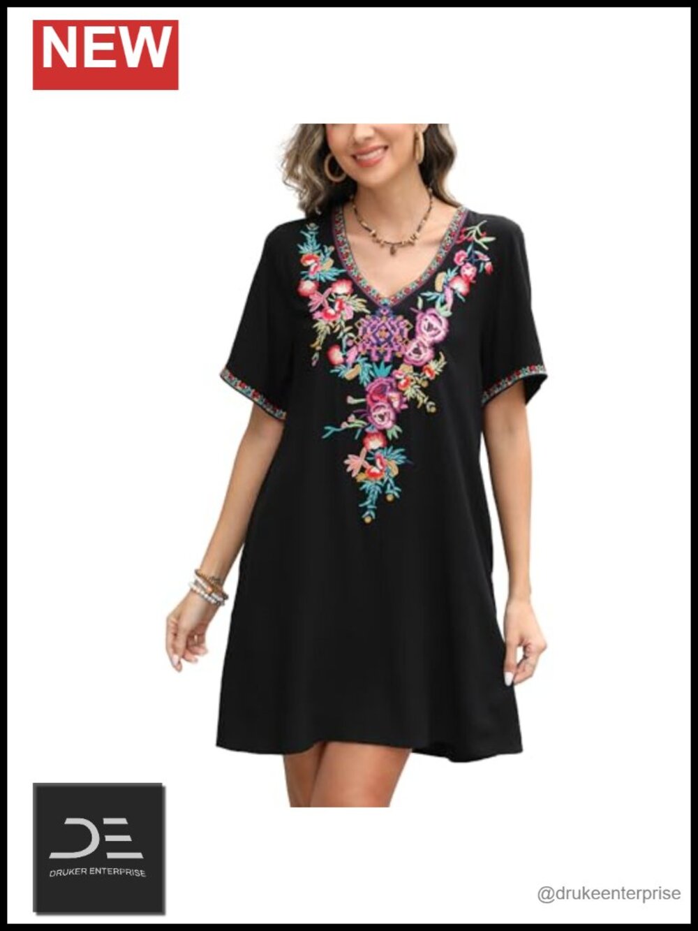 Fiesta Embroidered Mexican Dress Boho Short Sleeve with Pockets